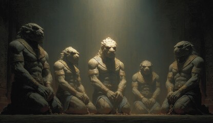 The anunaki with the children of god in chains in a dark sinister setting. group of deities from ancient Mesopotamian mythology, primarily known from Sumerian, Akkadian, Assyrian. Depicted as gods.