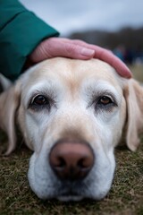 Serene minimalist moment with a guide dog enjoying gentle affection in a tranquil park setting during early afternoon. National Guide Dog Month