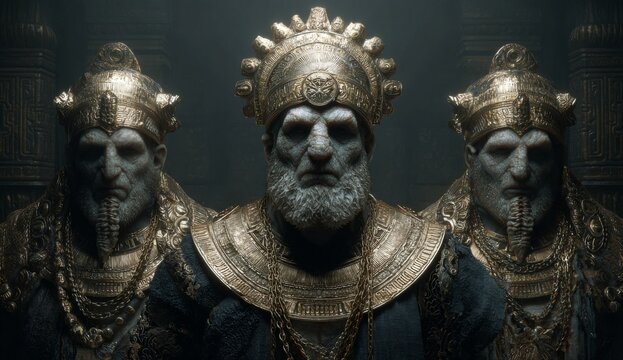 The anunaki with the children of god in chains in a dark sinister setting. group of deities from ancient Mesopotamian mythology, primarily known from Sumerian, Akkadian, Assyrian. Depicted as gods.