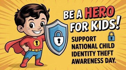 Bold greeting card featuring a cartoon superhero encouraging support for National Child Identity Theft Awareness Day. National Child Identity Theft Awareness Day