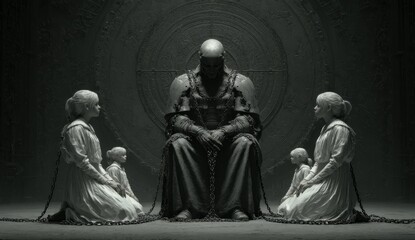 The anunaki with the children of god in chains in a dark sinister setting. group of deities from ancient Mesopotamian mythology, primarily known from Sumerian, Akkadian, Assyrian. Depicted as gods.