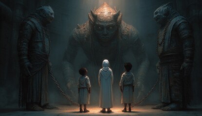 The anunaki with the children of god in chains in a dark sinister setting. group of deities from ancient Mesopotamian mythology, primarily known from Sumerian, Akkadian, Assyrian. Depicted as gods.