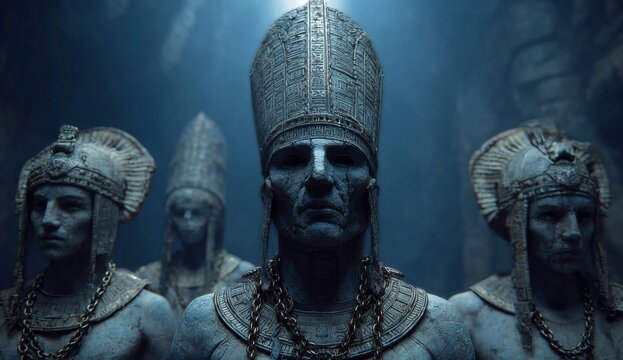 The anunaki with the children of god in chains in a dark sinister setting. group of deities from ancient Mesopotamian mythology, primarily known from Sumerian, Akkadian, Assyrian. Depicted as gods.