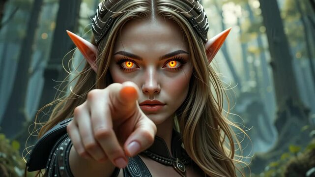 Mysterious female elf with glowing orange eyes pointing towards camera on blurred forest background, fantasy character concept