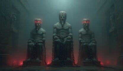 The anunaki with the children of god in chains in a dark sinister setting. group of deities from ancient Mesopotamian mythology, primarily known from Sumerian, Akkadian, Assyrian. Depicted as gods.