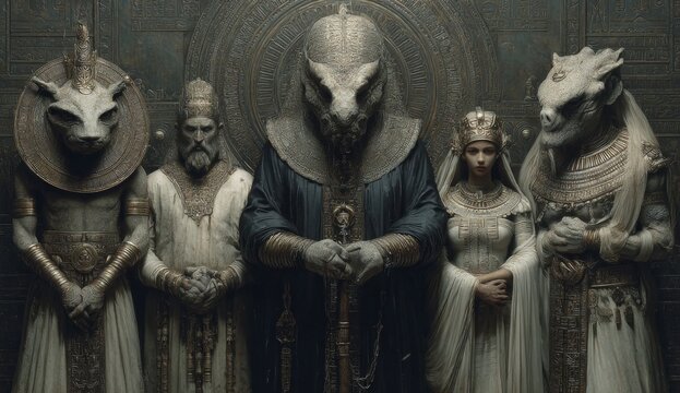 The anunaki with the children of god in chains in a dark sinister setting. group of deities from ancient Mesopotamian mythology, primarily known from Sumerian, Akkadian, Assyrian. Depicted as gods.