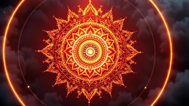 Orange mandala pattern with glowing lights and fractal details on dark background, concept of meditation and spirituality