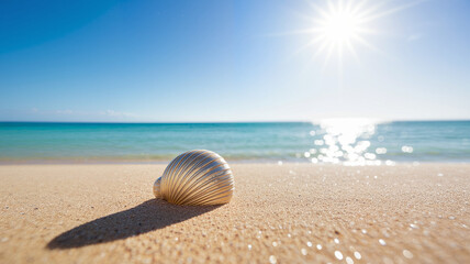 Obraz premium Seashell resting on sandy beach with sun and ocean in background 