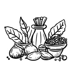 Herbs and spices in various containers on a white background, vector icons in sketch food and drinks