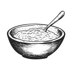 Bowl of porridge with spoon, vector icons in sketch food and drinks