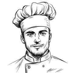 Chef smiling in a professional kitchen, vector icons in sketch food and drinks