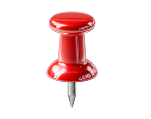 Glossy Red Thumbtack with Sharp Steel Tip, Front Close-Up View, Isolated on Transparent Background