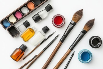 flat lay of calligraphy set nib pens, ink bottles, and brushes on white background