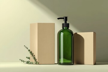 green glass bottle with pump dispenser and packaging box mockup.