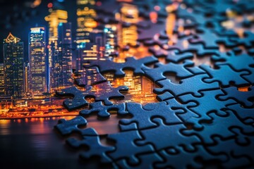 interlocking jigsaw puzzle pieces on dark surface with city skyline background.
