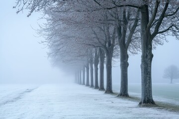 row of trees in misty winter landscape.