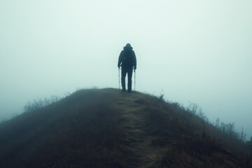 solitary hiker on a hilltop in mist.