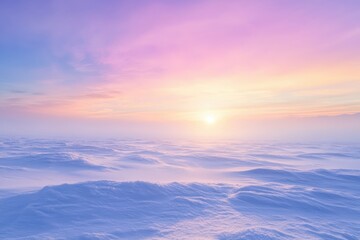 soft pastel gradient sky over snowy plain at dawn.
