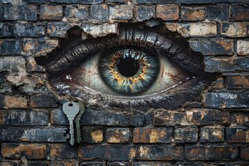 surreal collage of an eye keys and hands in a dark brick wall.
