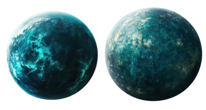 Two dark blue planets in space
