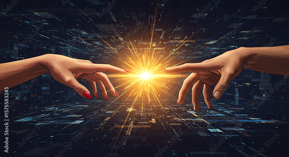 Aufkleber two hands reaching towards a bright light source over a complex digital circuit background design