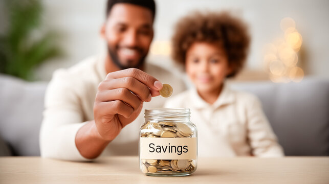 Man and child focused on saving coins in jar labeled with savings. Cozy living room setting with soft tones and warm atmosphere