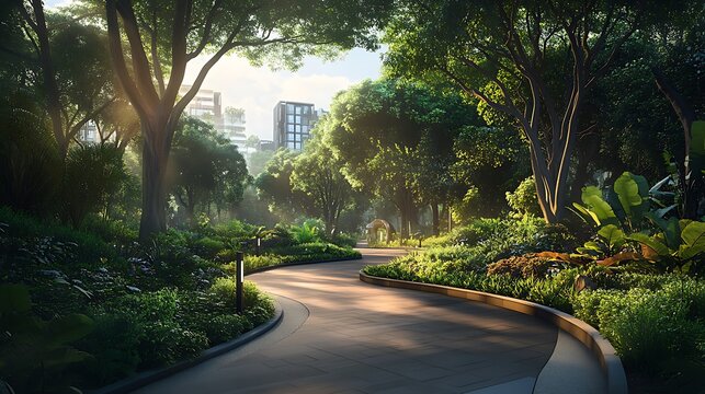 Winding path through lush green park with trees and distant buildings view - Powered by Adobe