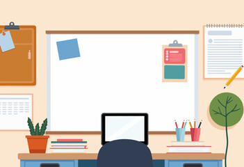 Workspace with desk, computer, plants, and blank wall for notes  