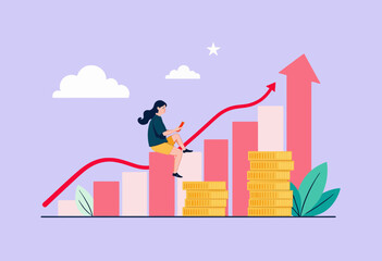 Woman sitting on financial graph and analyzing data with phone  
