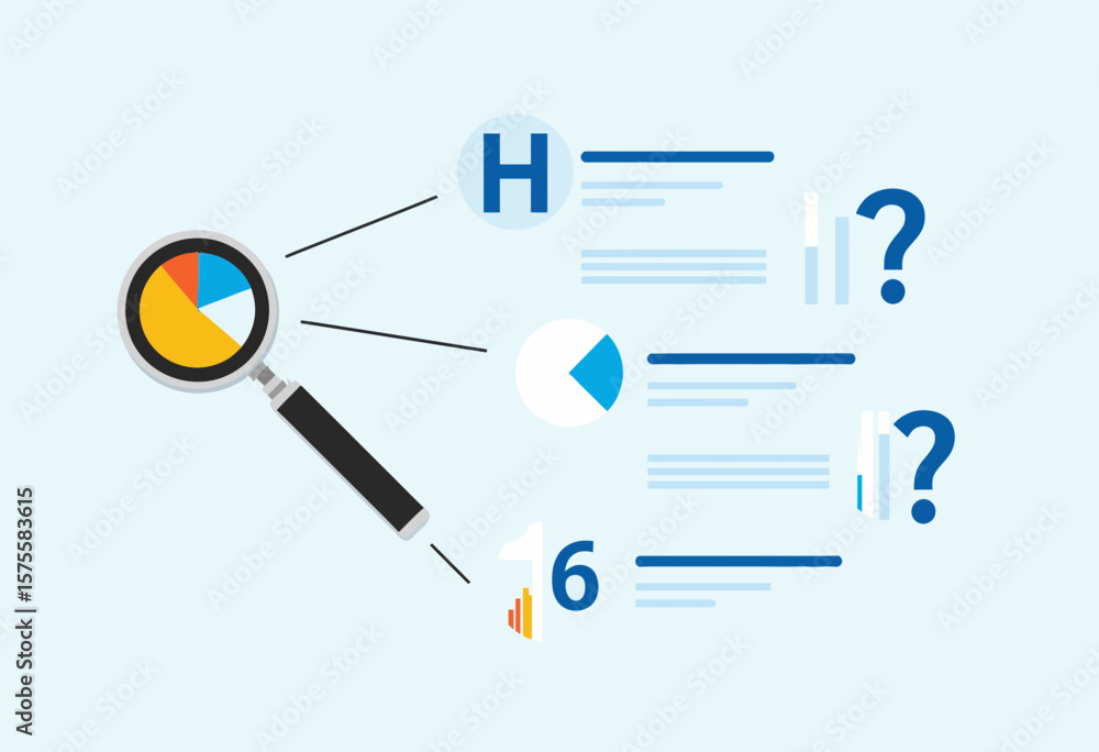 Aufkleber magnifying glass analyzing data with charts and graphs on blue background
