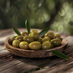 Green Olives on Wooden Table