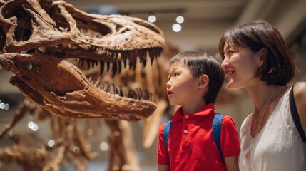 Exciting museum visit with child observing dinosaur skeleton in natural history exhibit