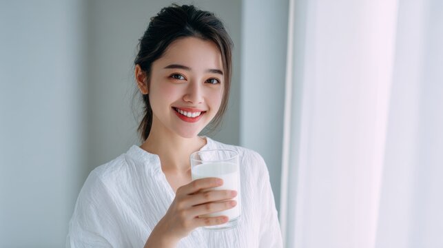 Woman holding a glass of milk while smiling in a bright, sunlit room with sheer curtains during the morning
