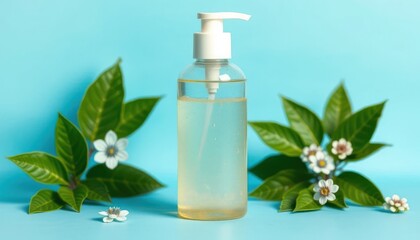 Transparent bottle of liquid with leaves and flowers