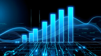 Growing bar graph showing increasing profits on futuristic circuit board