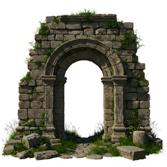 An ancient stone archway, overgrown with greenery, stands against a transparent backdrop, evoking a sense of history and mystery.