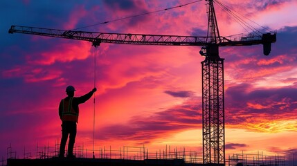 Dramatic construction silhouette at sunset, signifying progress and industrial power