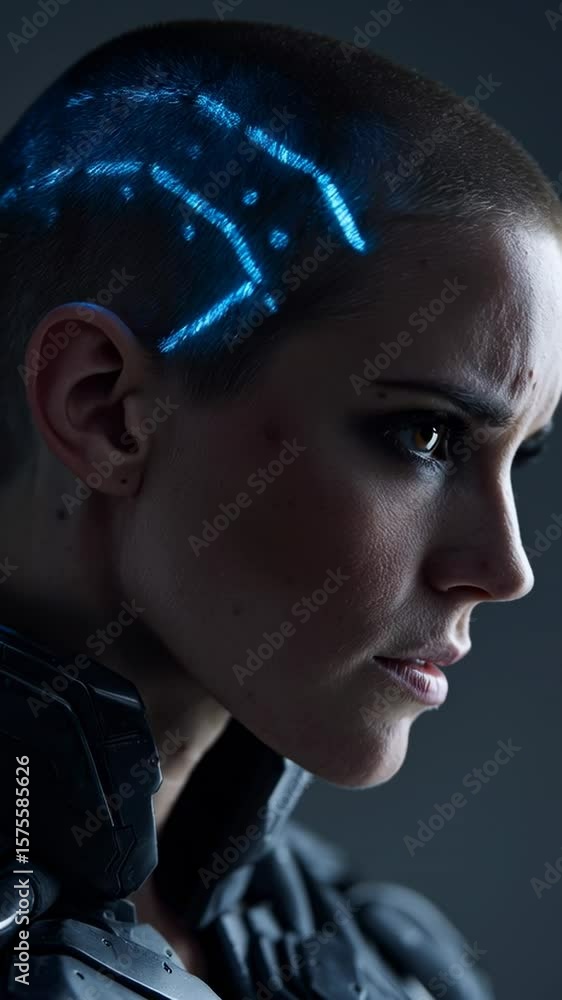 Poster surreal fashion portrait of a model with futuristic elements and intricate details captured in a stu