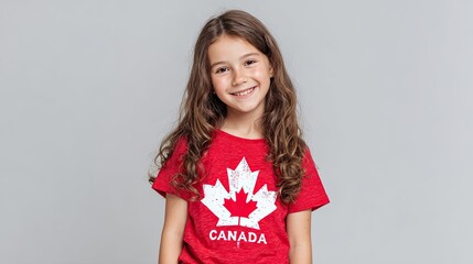 Smiling girl in red Canada t-shirt with white maple leaf on gray background celebrating national pride