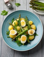 Potato sald with fresh herbs , eggs and green asparagus in a pale blue ceramic plate on gray wooden table. Generated image