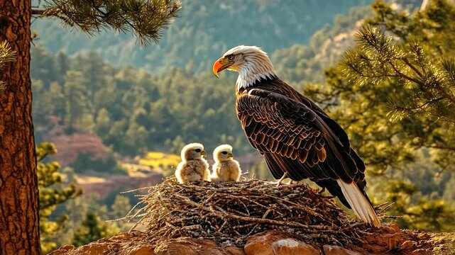 Bald eagle and eaglets in a nest atop a rocky outcrop