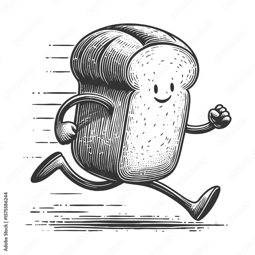 Poster smiling cartoon bread slice with arms and legs, running energetically with motion lines sketch engra