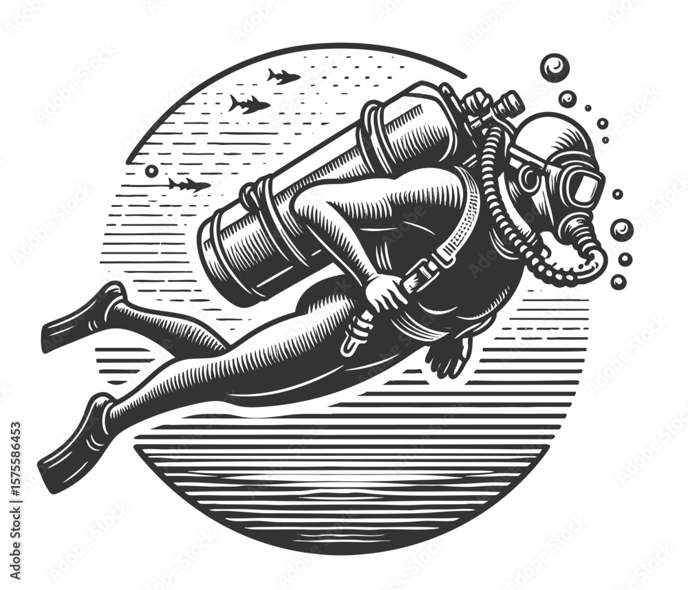 Poster scuba diver exploring underwater sketch engraving generative ai fictional character vector illustrat