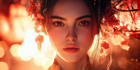 Beautiful asian woman with blossoms in glowing soft light