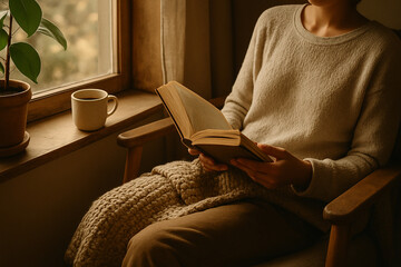 A peaceful moment unfolds as warm sunlight, soft textures, and a quiet book create a haven of comfort and calm.