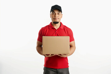 Friendly male courier in red uniform leans forward offering package with both hands