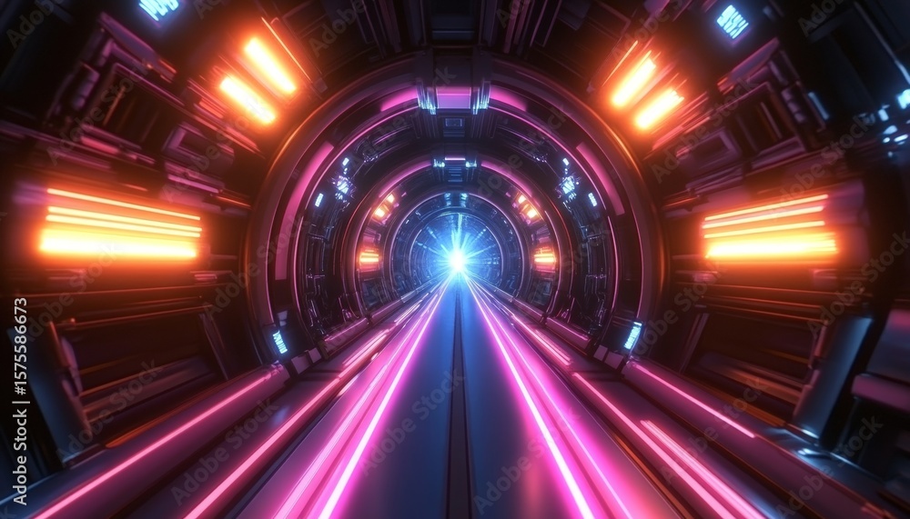 Poster futuristic data tunnel with neon lights, representing network innovation and ai technology progress