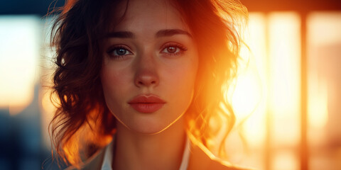 Beautiful young woman facing camera with warm sunset light
