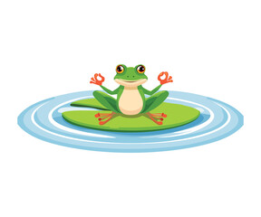 Cute Green Frog Doing Yoga on Lilypad