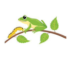 Adorable Frog Perched on Branch Near Caterpillar